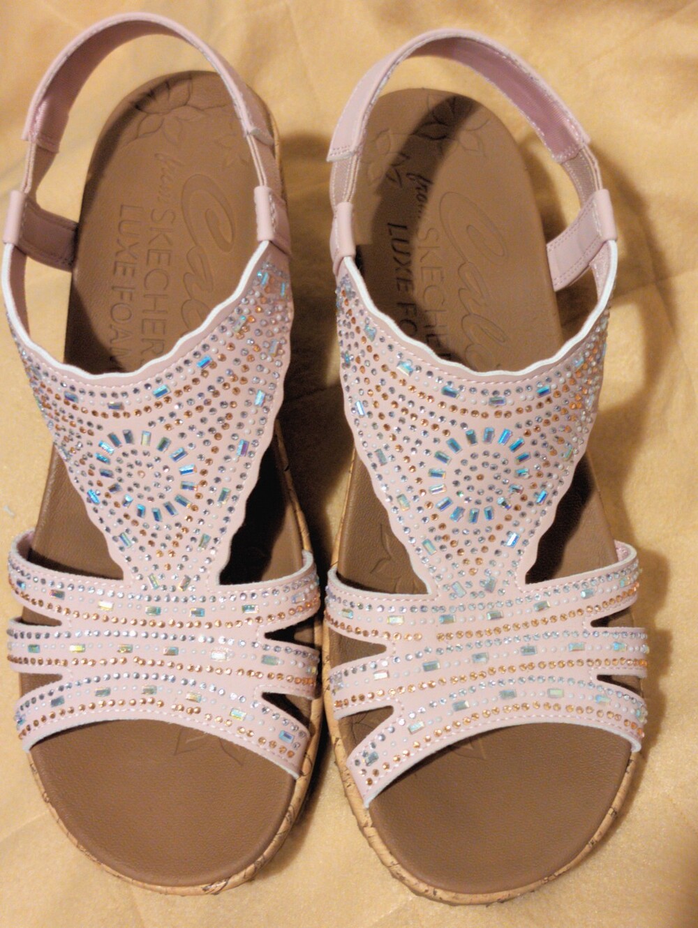 Cali Skechers Luxefoam Light Pink Crystal Slingback Sandals Wedge Cork Heel-9